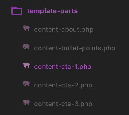 A screenshot showing the three Call to Action template parts in the template-parts directory